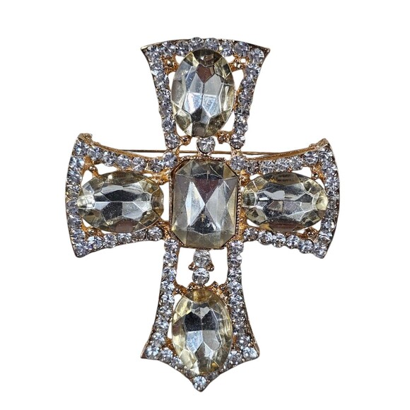 Silver Tone Rhinestone Crystal Cross Pendant or Brooch Pin Chunky Art Deco - Picture 6 of 6